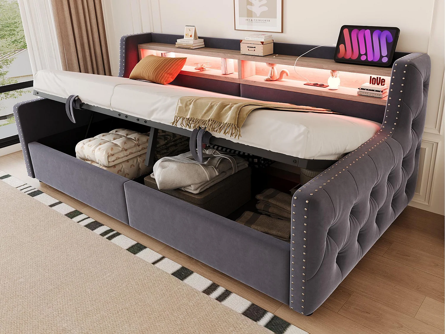 Canapé-lit coffre rembourré 90x200 cm - avec éclairage LED - compartiments de rangement - prise de courant + port de charge - gris foncé