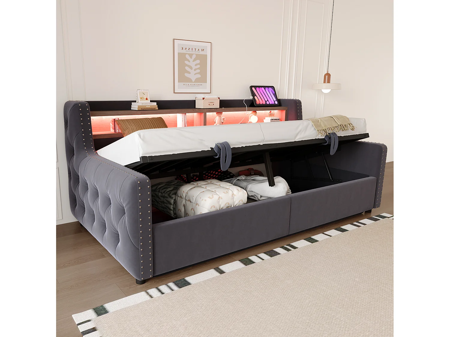 Canapé-lit coffre rembourré 90x200 cm - avec éclairage LED - compartiments de rangement - prise de courant + port de charge - gris foncé