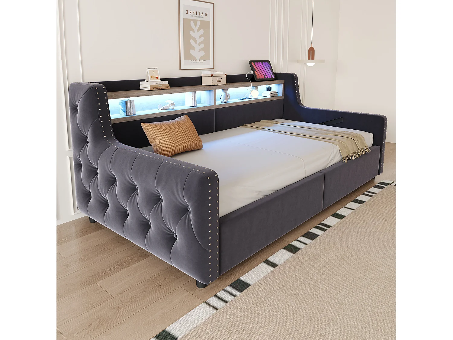 Canapé-lit coffre rembourré 90x200 cm - avec éclairage LED - compartiments de rangement - prise de courant + port de charge - gris foncé