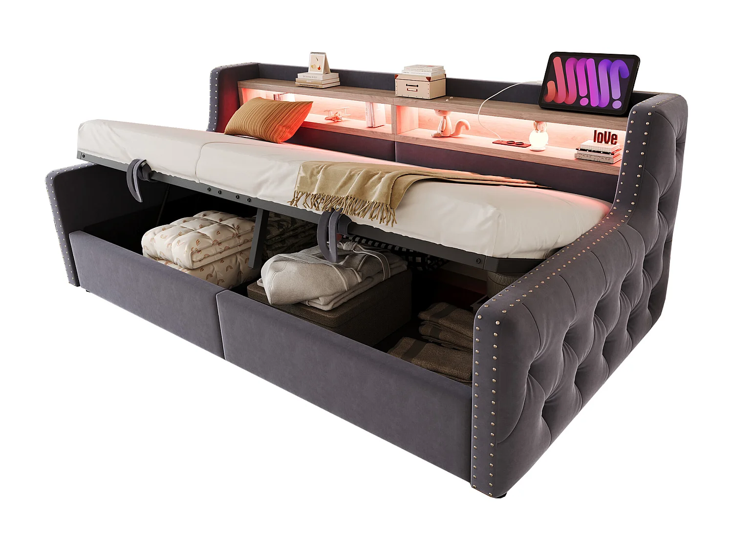 Canapé-lit coffre rembourré 90x200 cm - avec éclairage LED - compartiments de rangement - prise de courant + port de charge - gris foncé