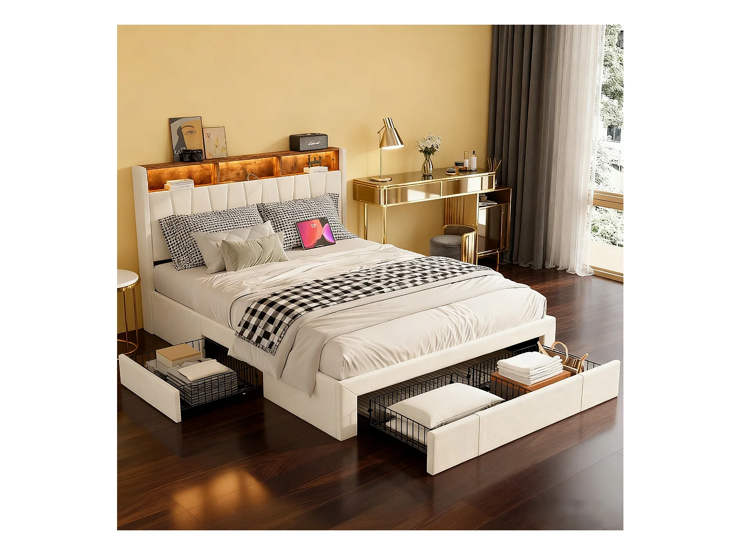 Lit 160x200 cm avec sommier à lattes - lit adulte 160x200 cm avec 4 tiroir - lit double 160x200 avec LED et USB - tissu en velours - beige