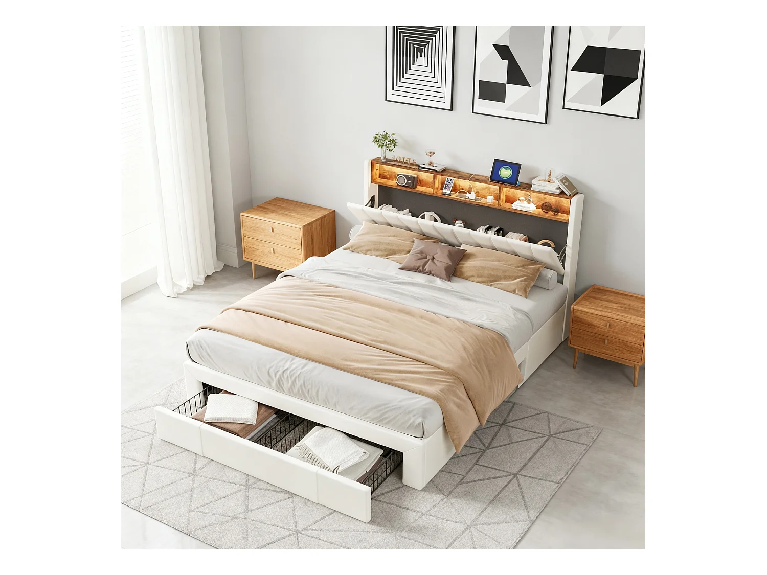 Lit 160x200 cm avec sommier à lattes - lit adulte 160x200 cm avec 4 tiroir - lit double 160x200 avec LED et USB - tissu en velours - beige