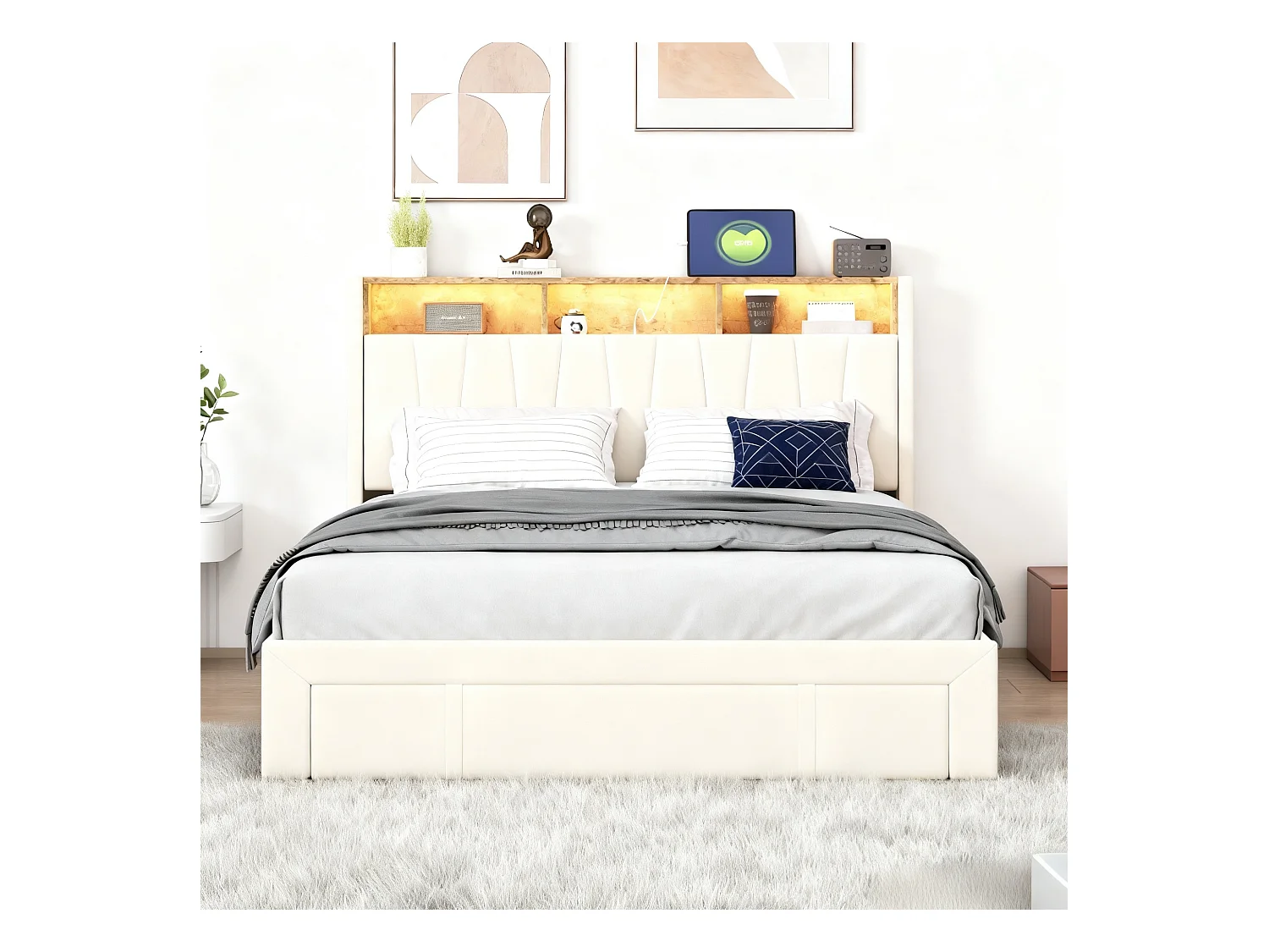 Lit 160x200 cm avec sommier à lattes - lit adulte 160x200 cm avec 4 tiroir - lit double 160x200 avec LED et USB - tissu en velours - beige