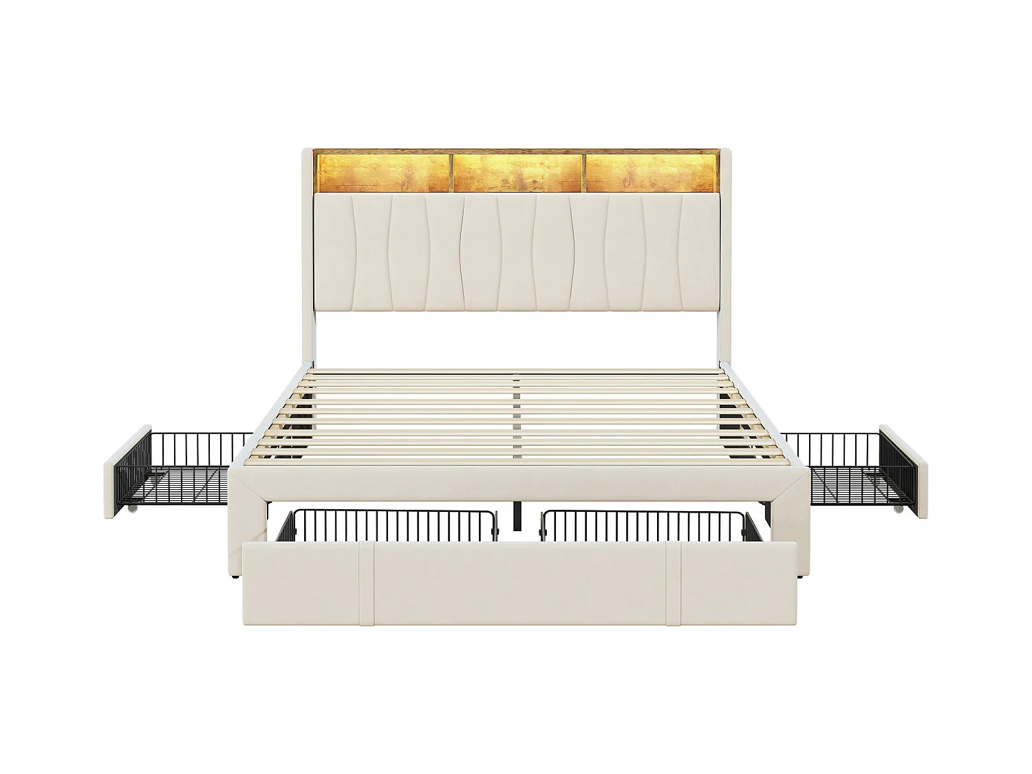 Lit 160x200 cm avec sommier à lattes - lit adulte 160x200 cm avec 4 tiroir - lit double 160x200 avec LED et USB - tissu en velours - beige