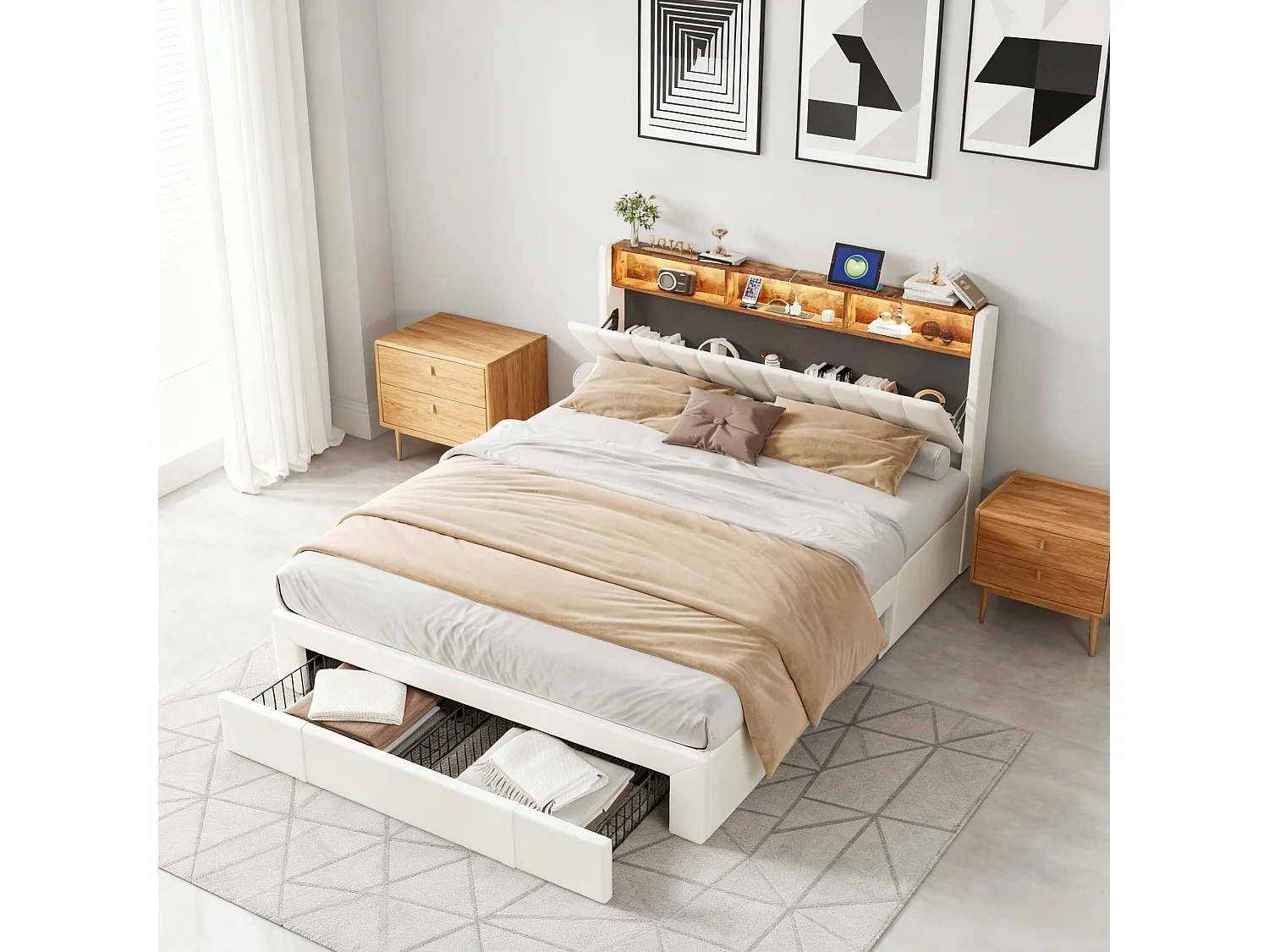 Lit 160x200 cm avec sommier à lattes - lit adulte 160x200 cm avec 4 tiroir - lit double 160x200 avec LED et USB - tissu en velours - beige