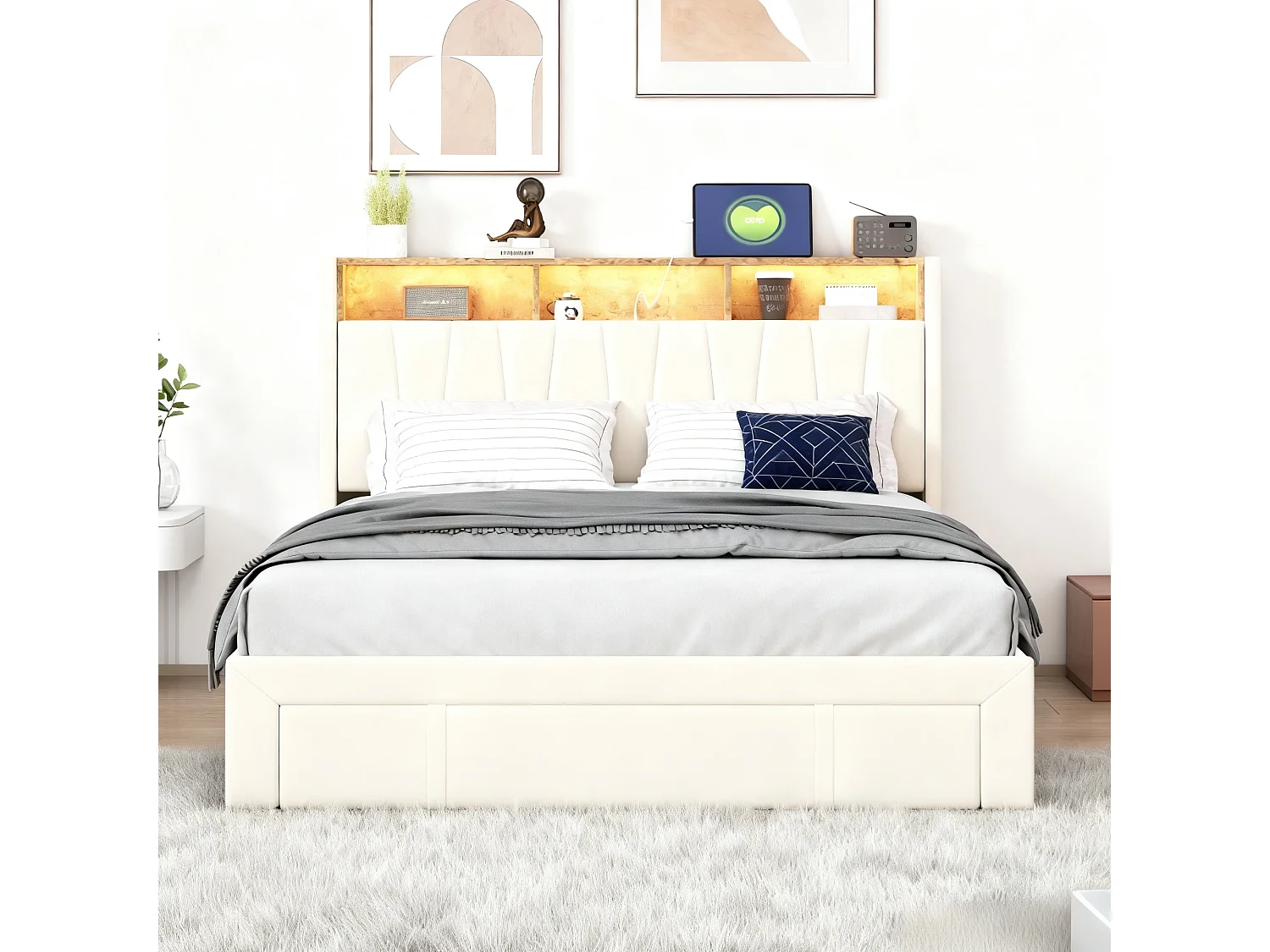 Lit 160x200 cm avec sommier à lattes - lit adulte 160x200 cm avec 4 tiroir - lit double 160x200 avec LED et USB - tissu en velours - beige