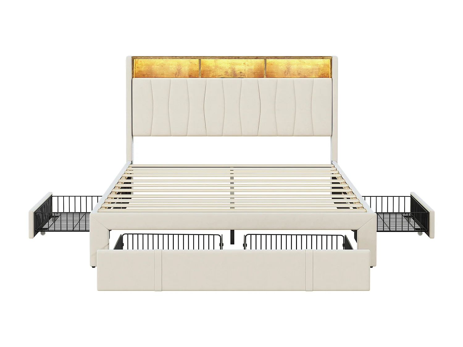 Lit 160x200 cm avec sommier à lattes - lit adulte 160x200 cm avec 4 tiroir - lit double 160x200 avec LED et USB - tissu en velours - beige