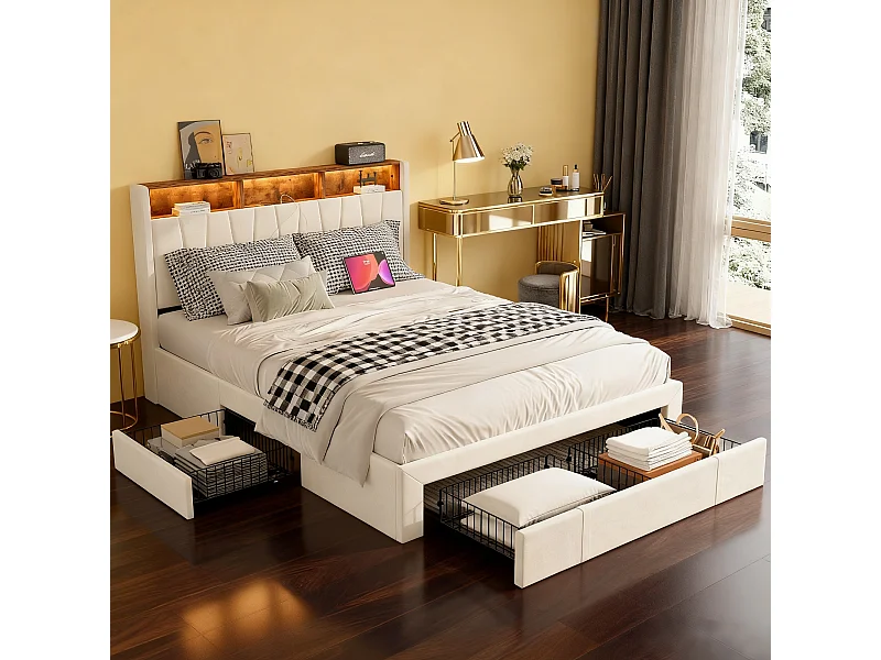 Lit 160x200 cm avec sommier à lattes - lit adulte 160x200 cm avec 4 tiroir - lit double 160x200 avec LED et USB - tissu en velours - beige