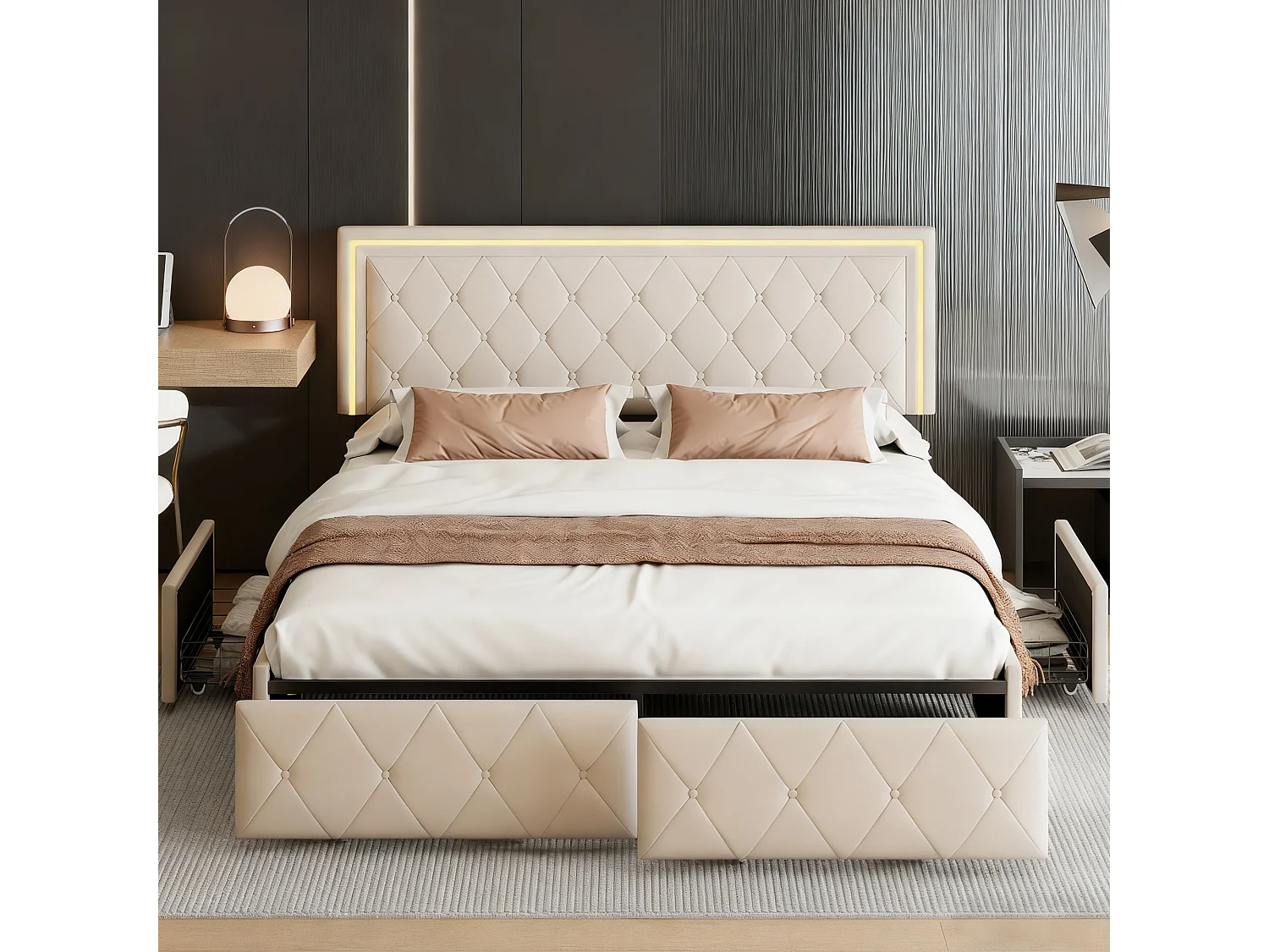 Lit 140x200 cm avec sommier à lattes et LED - lit double 140x200 cm avec 4 tiroir - lit capitonné en tissu en PU - matelassés - blanc cassé