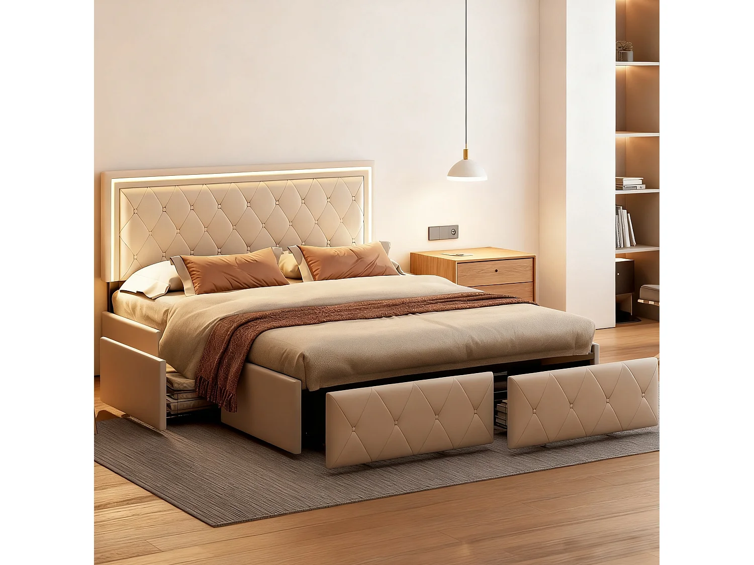 Lit 140x200 cm avec sommier à lattes et LED - lit double 140x200 cm avec 4 tiroir - lit capitonné en tissu en PU - matelassés - blanc cassé