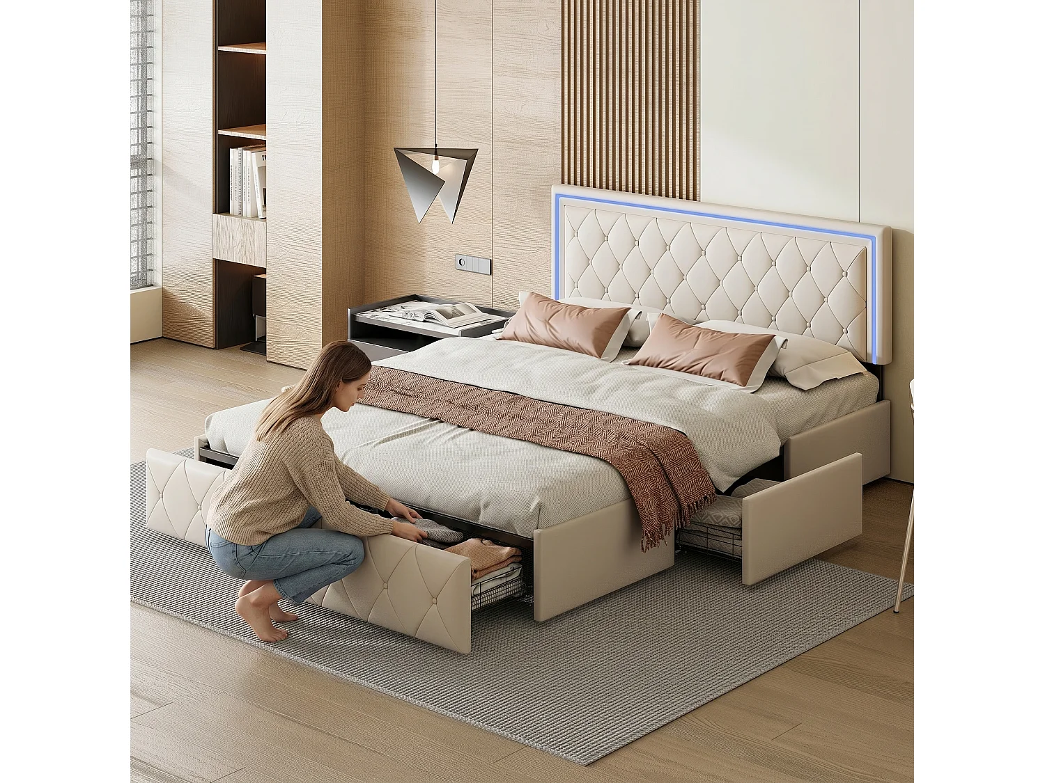 Bed 140x200 cm met led-verlichting - Bed 140x200 cm voor volwassenen met 4 lades - Bed 140x200 cm voor tweepersoonsbed met lattenbodem - PU-stof - gebroken wit