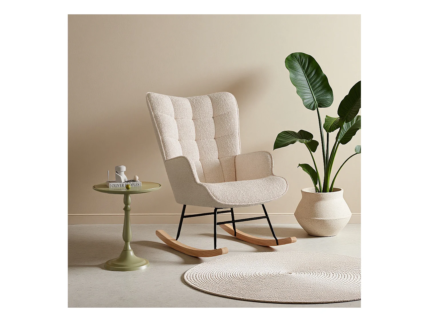 fauteuil à bascule, rocking chair en velours, Scandinave, pied en bois massif, beige