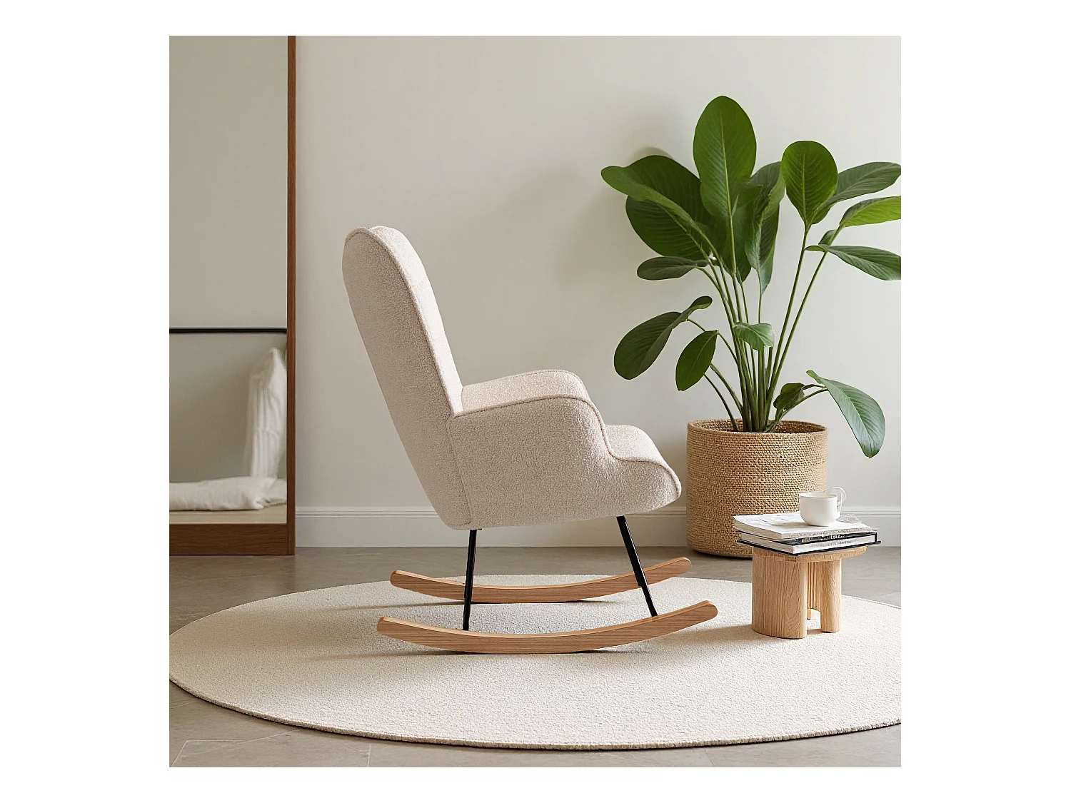 fauteuil à bascule, rocking chair en velours, Scandinave, pied en bois massif, beige