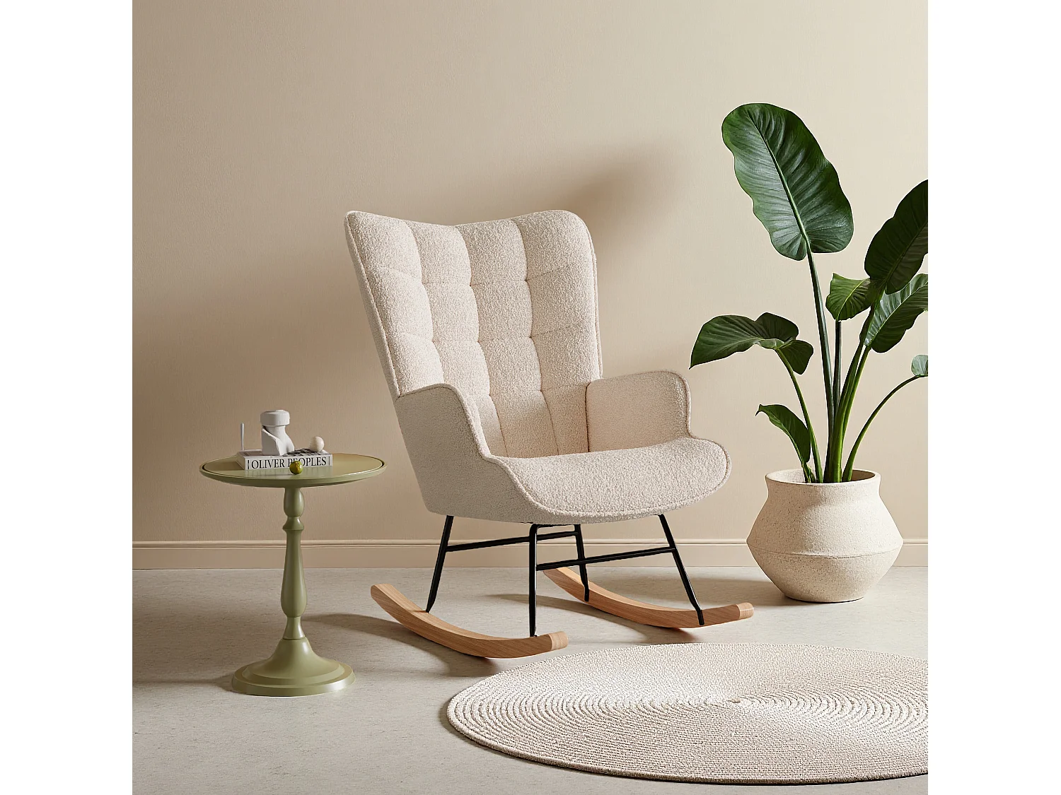 fauteuil à bascule, rocking chair en velours, Scandinave, pied en bois massif, beige