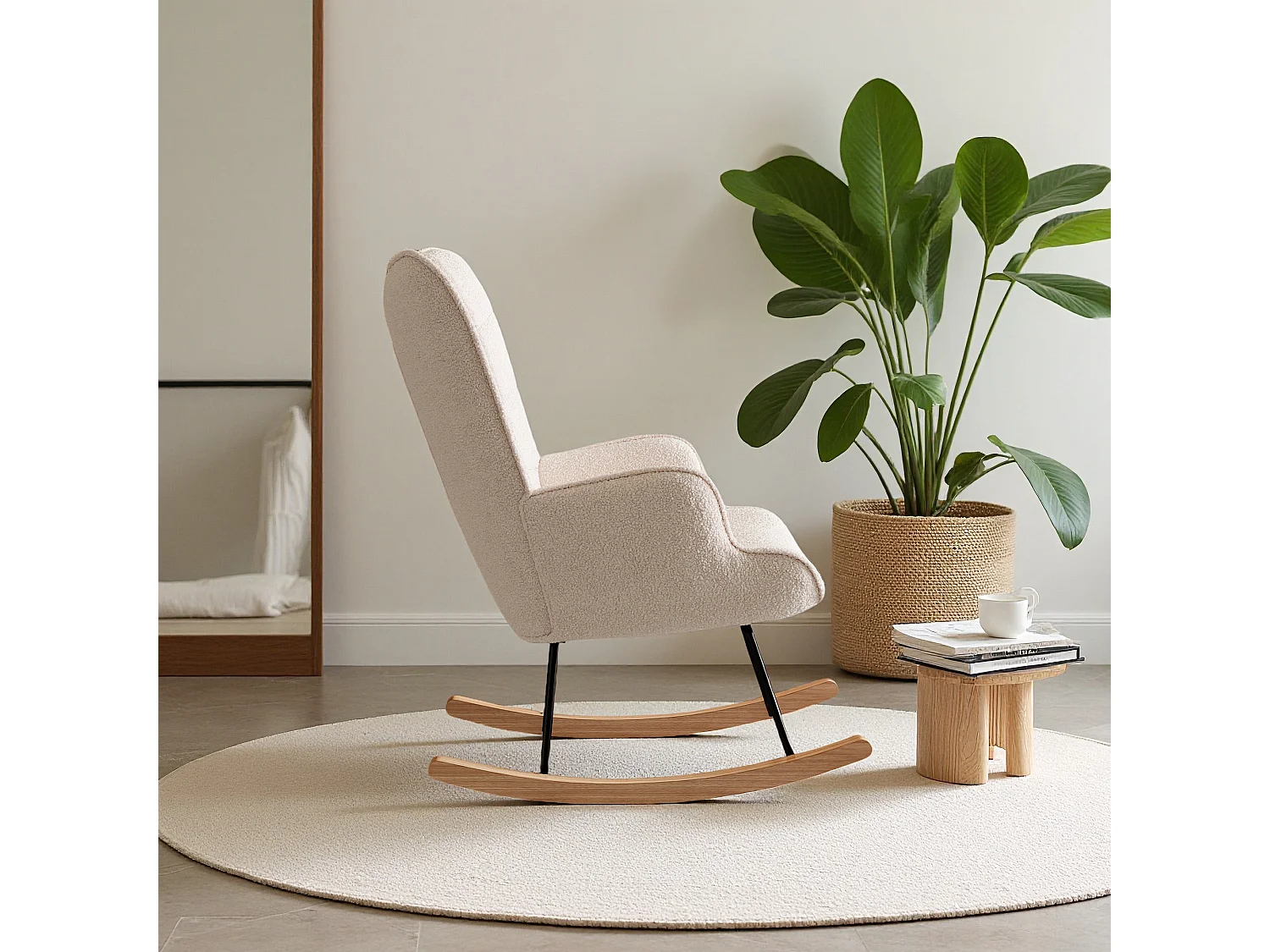 fauteuil à bascule, rocking chair en velours, Scandinave, pied en bois massif, beige