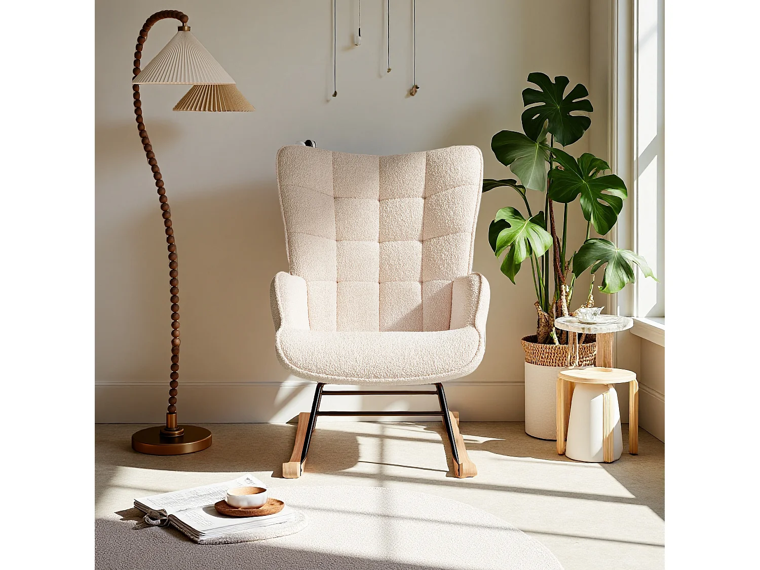 fauteuil à bascule, rocking chair en velours, Scandinave, pied en bois massif, beige