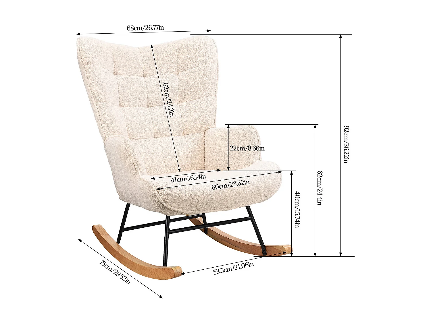 fauteuil à bascule, rocking chair en velours, Scandinave, pied en bois massif, beige