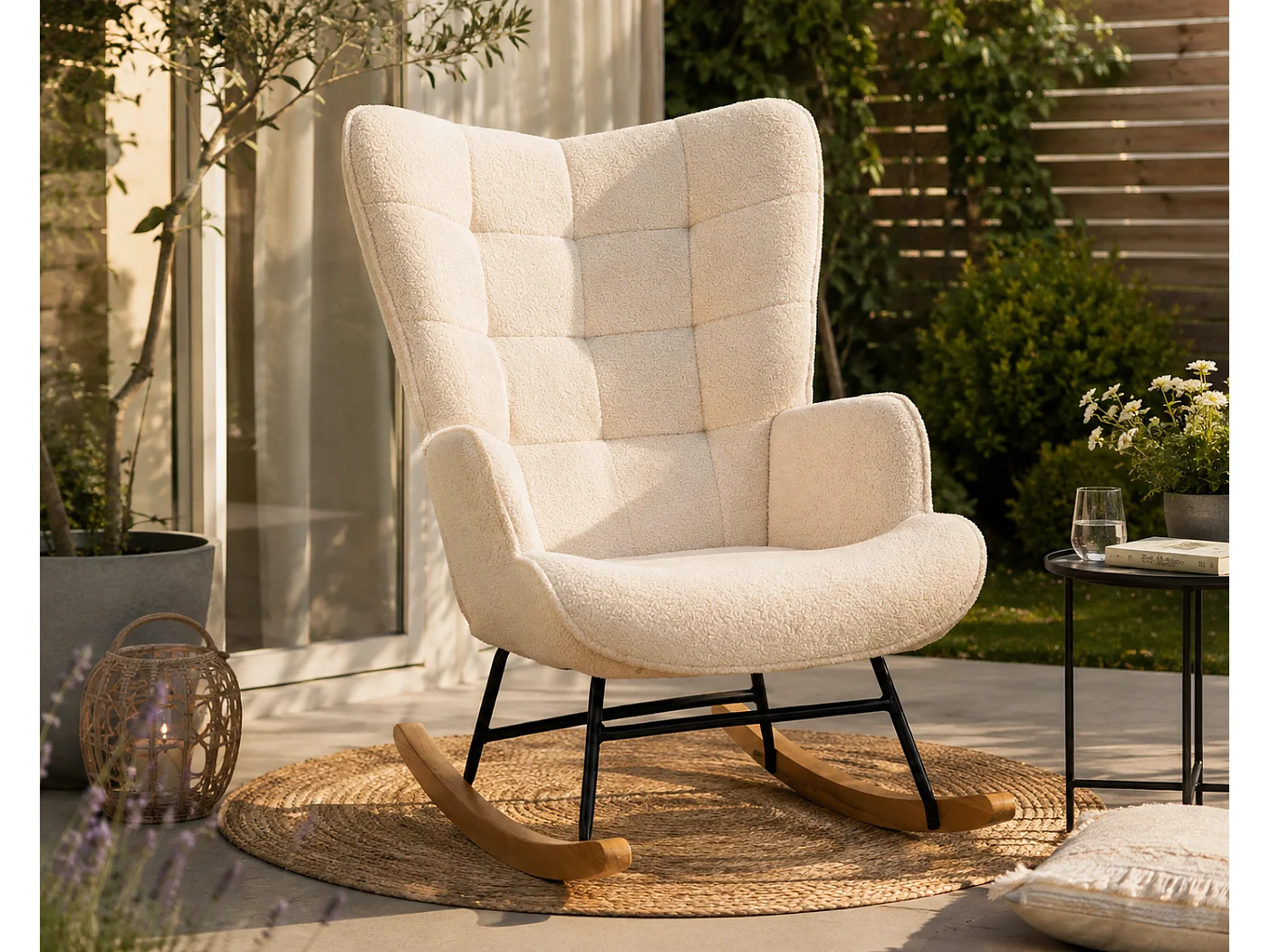 Fauteuil à Bascule - Fauteuil à Oreilles Rembourré - Pieds en Métal et en Bois Massif - Velours Teddy