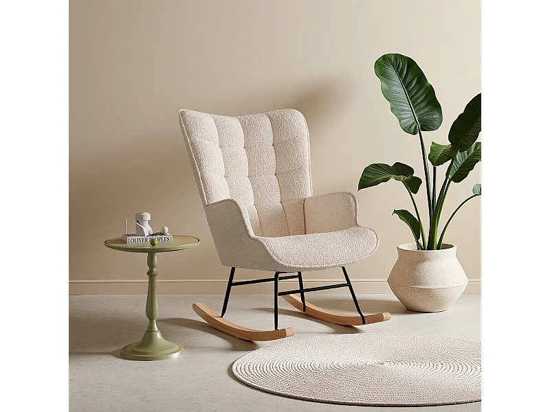 fauteuil à bascule, rocking chair en velours, Scandinave, pied en bois massif, beige