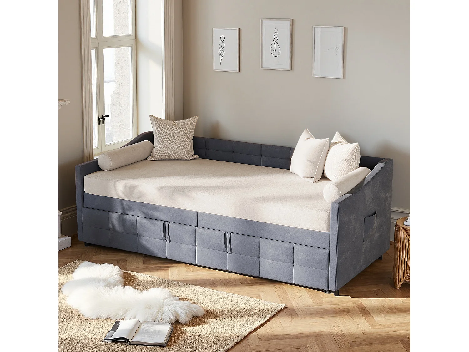 Lit 90x200 cm avec sommier à lattes - Canapé lit 90x200 cm avec 2ème lit - lit banquette 2 places - Canapé - tissu en velours - gris