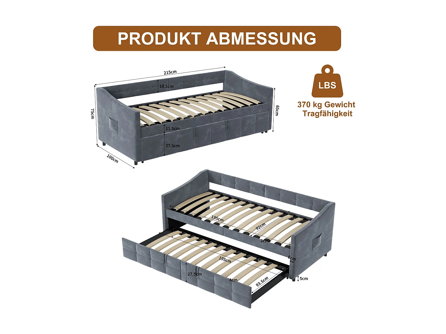 Lit 90x200 cm avec sommier à lattes - Canapé lit 90x200 cm avec 2ème lit - lit banquette 2 places - Canapé - tissu en velours - gris