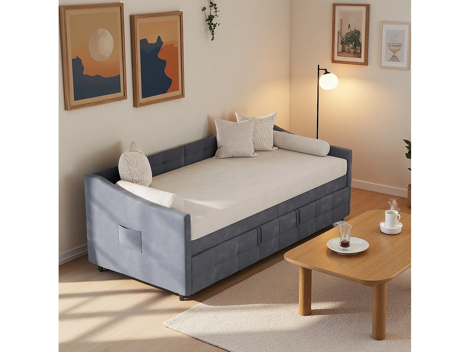 Canapé-lit gigogne 90 × 200 cm – Velours gris, sommier à lattes et second couchage