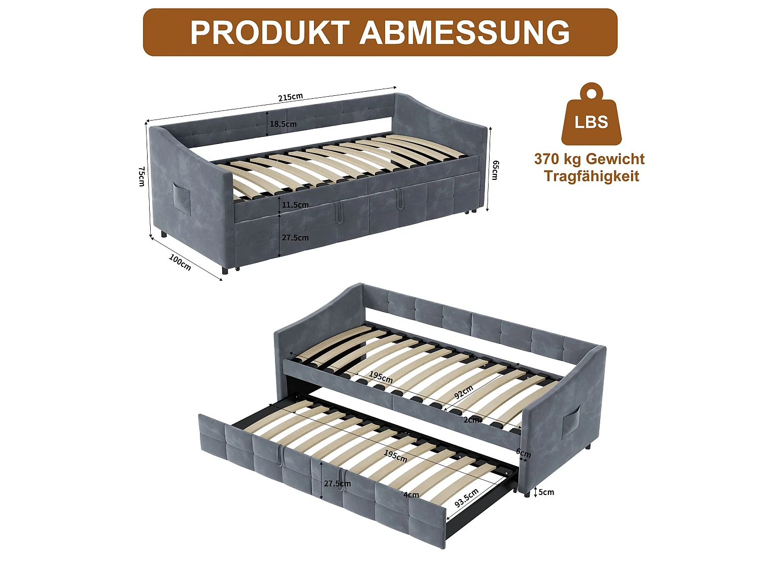 Canapé-lit gigogne 90 × 200 cm – Velours gris, sommier à lattes et second couchage