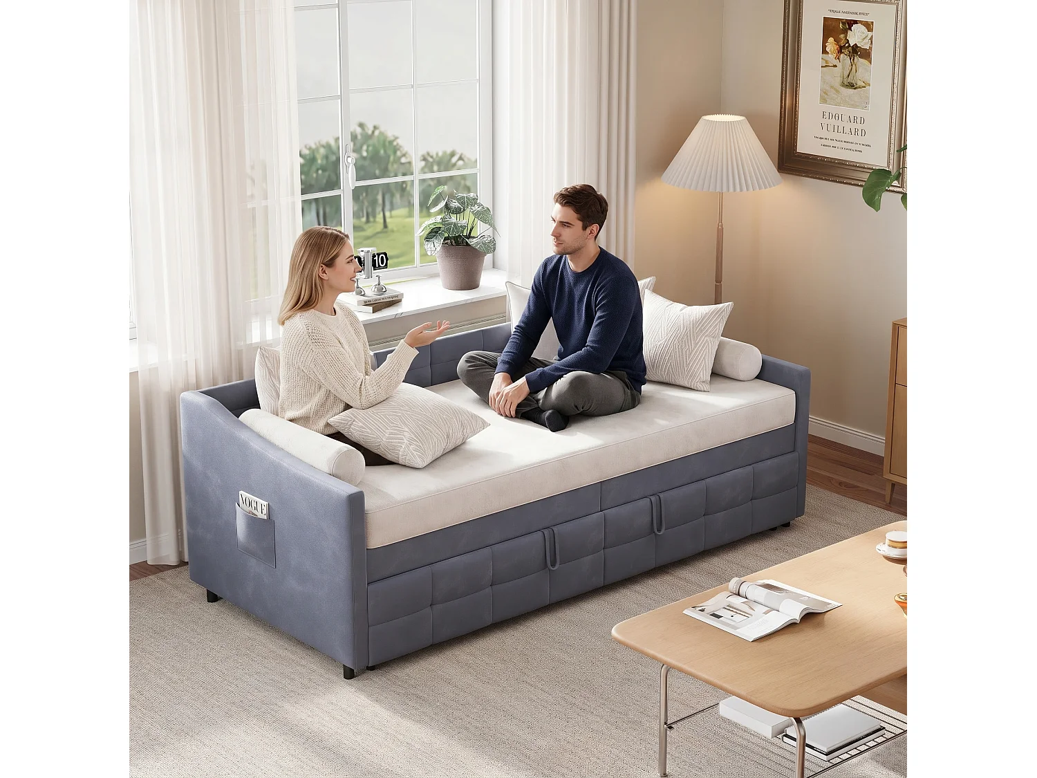 Canapé-lit gigogne 90 × 200 cm – Velours gris, sommier à lattes et second couchage