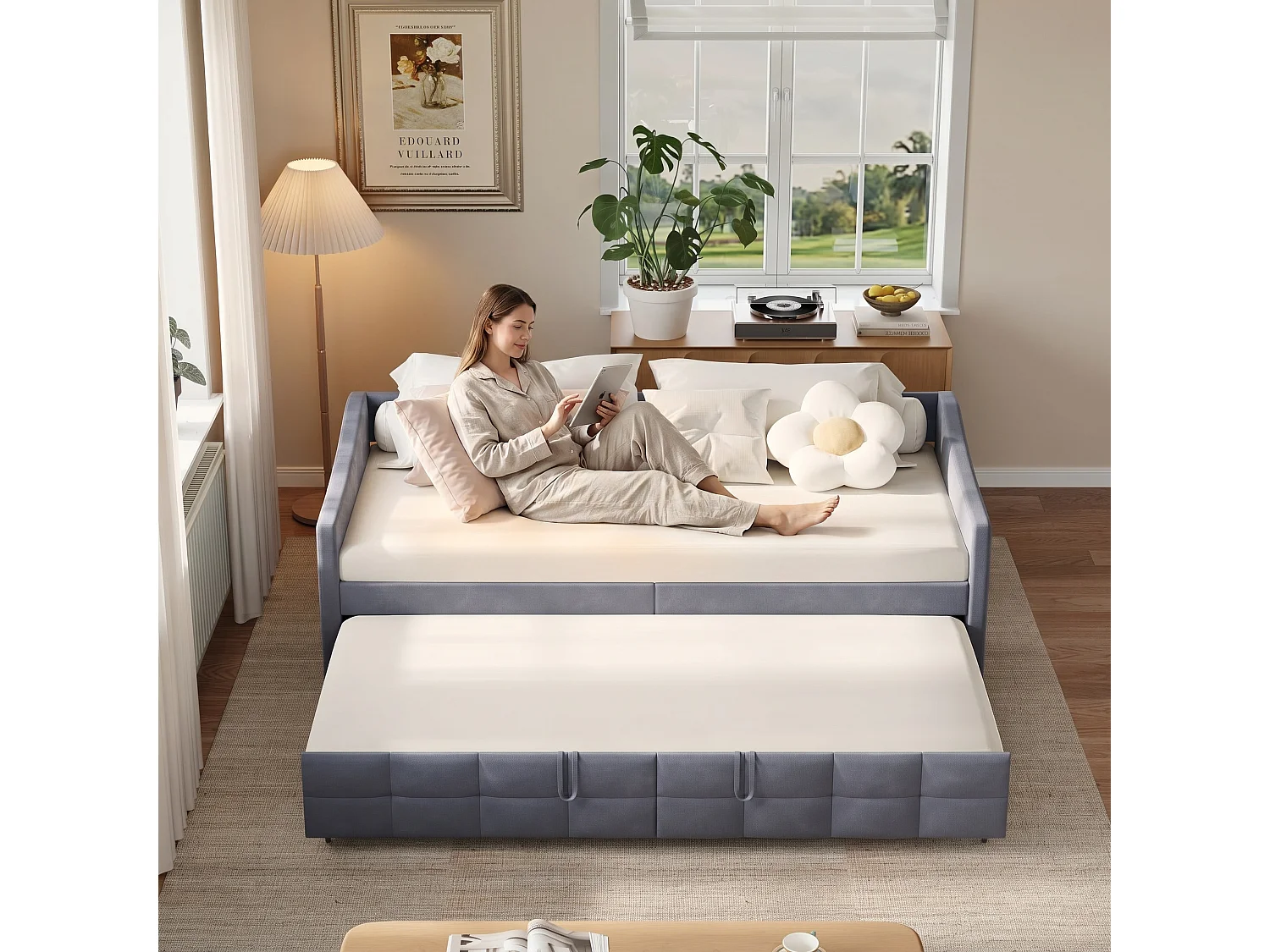 Canapé-lit gigogne 90 × 200 cm – Velours gris, sommier à lattes et second couchage