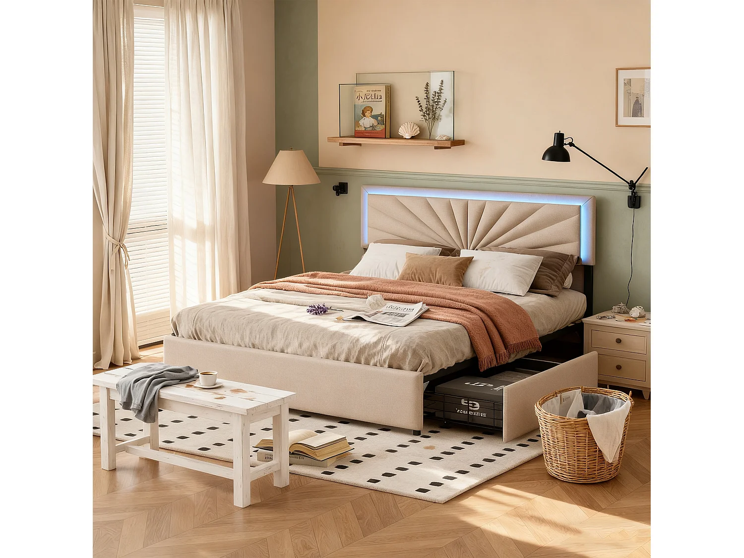 Lit adulte 140x200 avec sommier à lattes, lit 140x200 avec LED et 4 tiroirs, cadre de lit double 140x200, tissu en lin, beige
