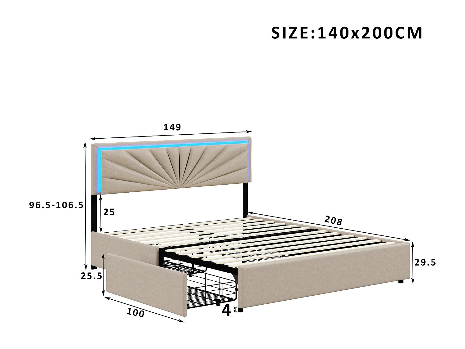 Lit adulte 140x200 avec sommier à lattes, lit 140x200 avec LED et 4 tiroirs, cadre de lit double 140x200, tissu en lin, beige