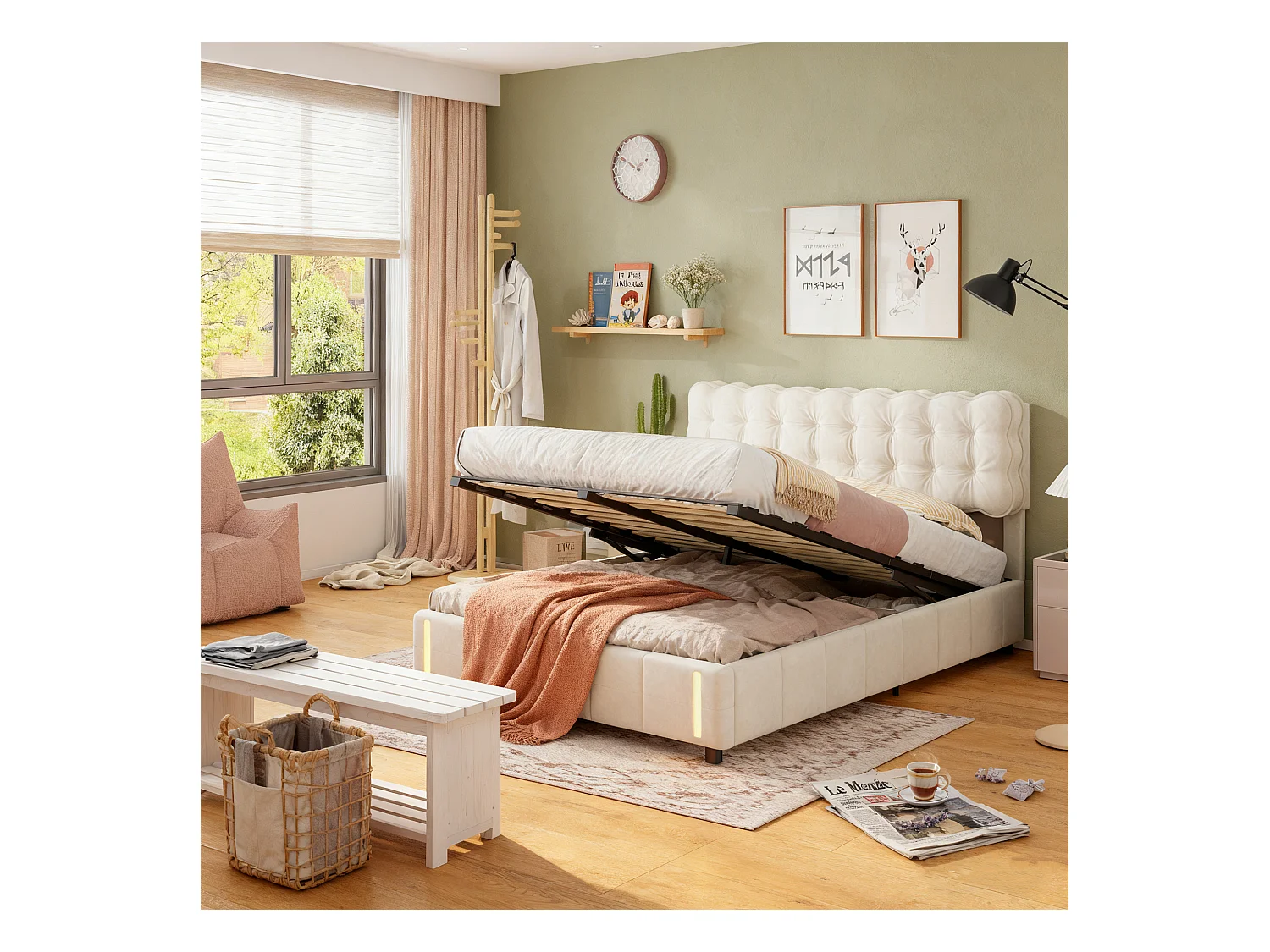 Lit coffre 140x200 avec sommier à lattes, lit 140x200 avec LED à détection de mouvement, cadre de lit adulte 140x200, tissu en velours, beige