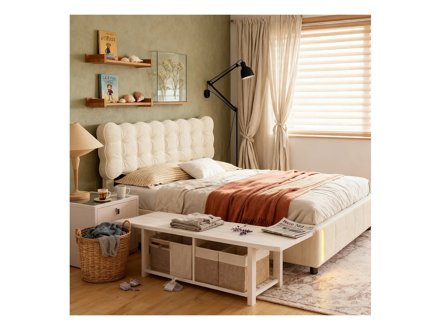 Lit coffre 140x200 avec sommier à lattes, lit 140x200 avec LED à détection de mouvement, cadre de lit adulte 140x200, tissu en velours, beige