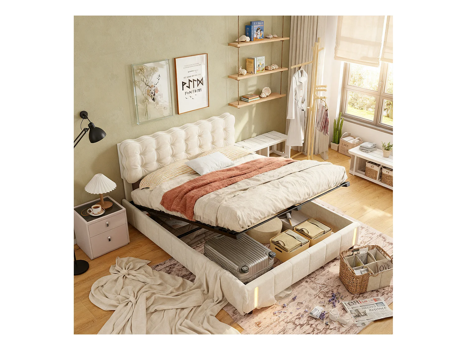 Lit coffre 140x200 avec sommier à lattes, lit 140x200 avec LED à détection de mouvement, cadre de lit adulte 140x200, tissu en velours, beige