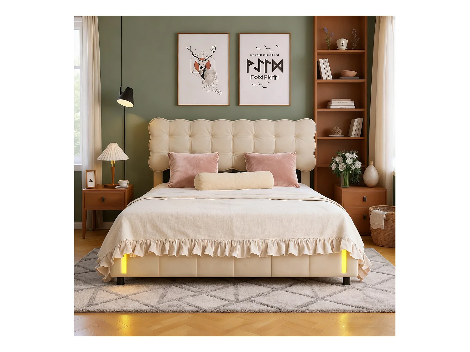 Lit coffre 140x200 avec sommier à lattes, lit 140x200 avec LED à détection de mouvement, cadre de lit adulte 140x200, tissu en velours, beige