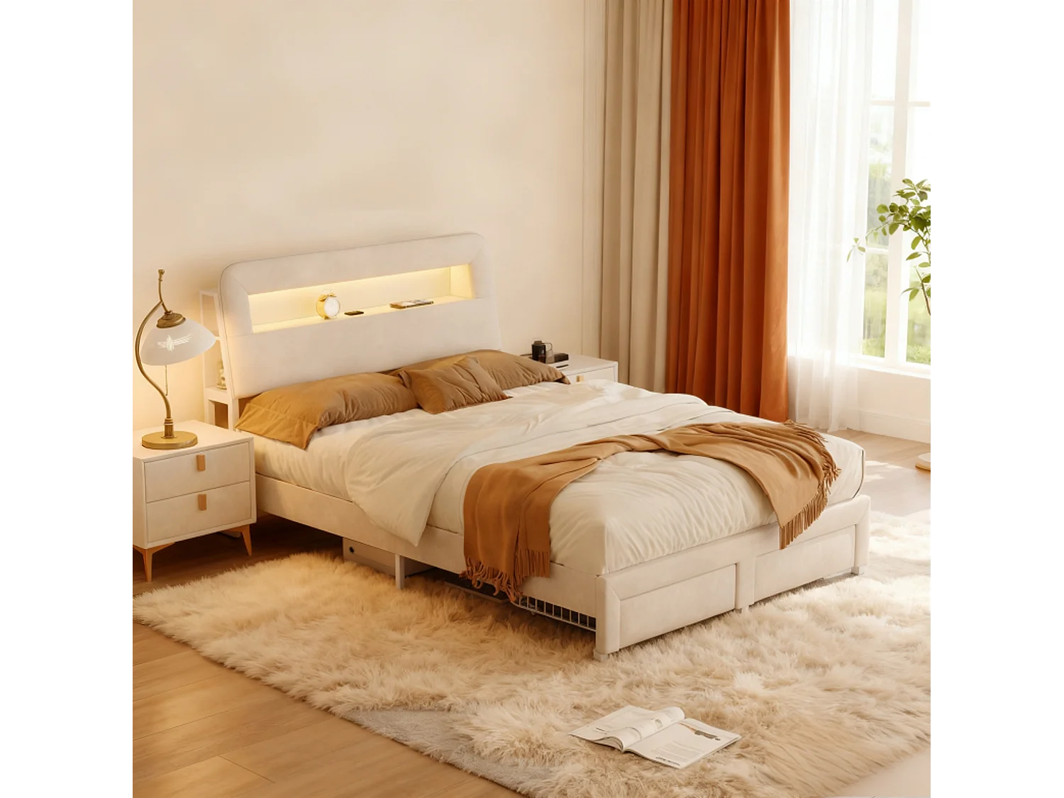 Lit adulte 140x200 cm tissu en velours avec sommier à lattes, lit tiroir 140x200 cm avec LED et USB , style scandinave, rangement soldes, blanc casse