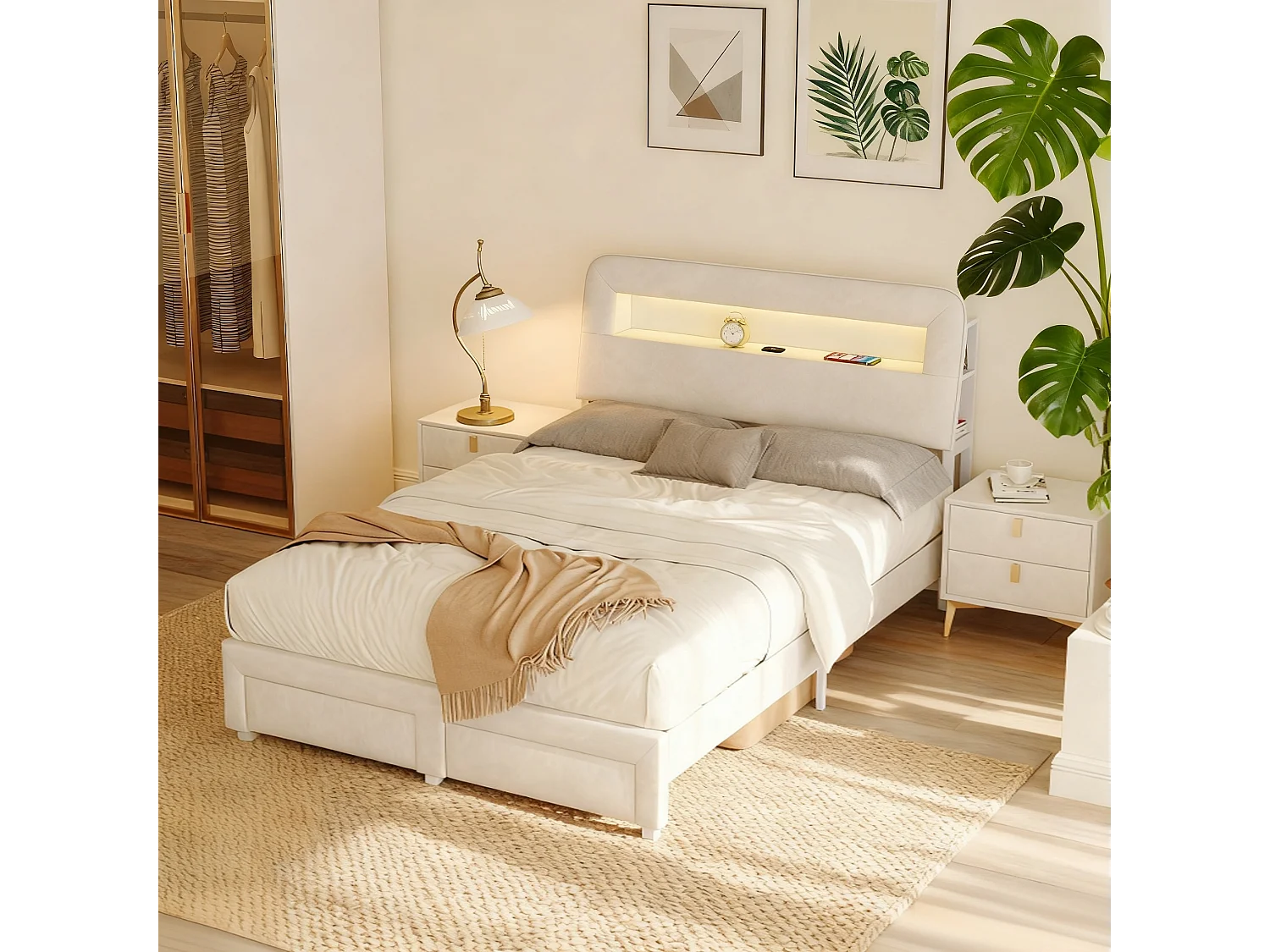 Lit adulte 140x200 cm tissu en velours avec sommier à lattes, lit tiroir 140x200 cm avec LED et USB , style scandinave, rangement soldes, blanc casse