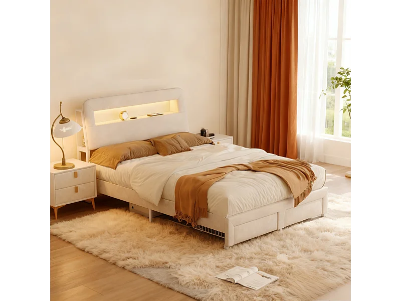 Lit adulte 140x200 cm tissu en velours avec sommier à lattes, lit tiroir 140x200 cm avec LED et USB , style scandinave, rangement soldes, blanc casse