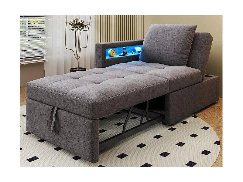 Multifunktions-Schlafsofa - verstellbare Rückenlehne - Armlehnen mit LED-Leisten - USB/Type-C-Anschluss - Dunkelgrau