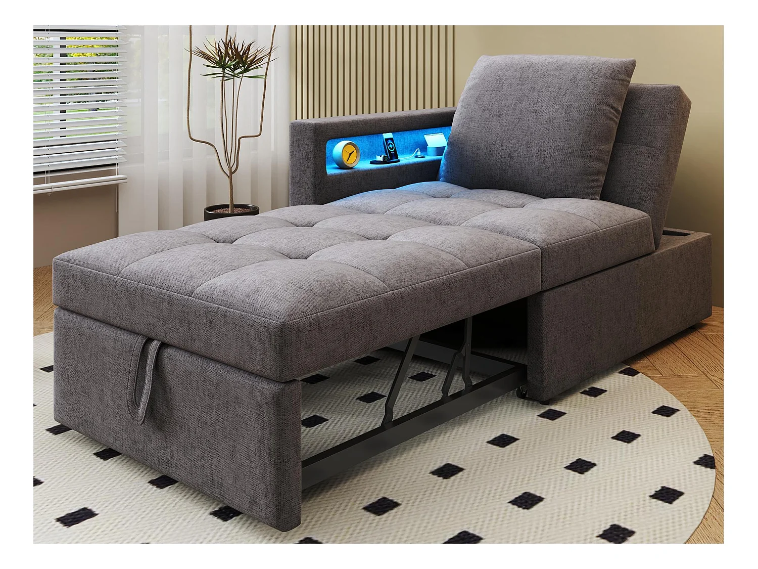Canapé-lit multifonction - dossier réglable - accoudoirs avec bandes lumineuses LED - Port USB/Type-C - Gris Foncé