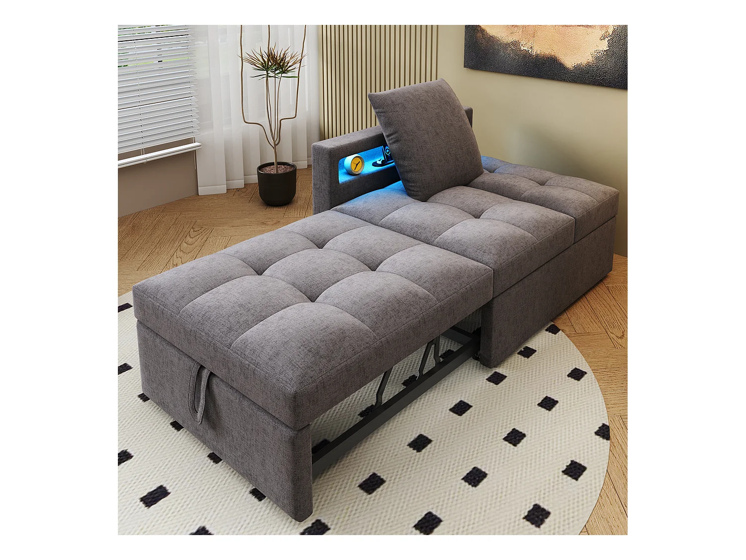 Canapé-lit multifonction - dossier réglable - accoudoirs avec bandes lumineuses LED - Port USB/Type-C - Gris Foncé