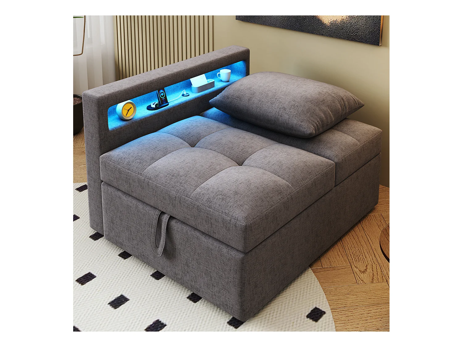 Canapé-lit multifonction - dossier réglable - accoudoirs avec bandes lumineuses LED - Port USB/Type-C - Gris Foncé