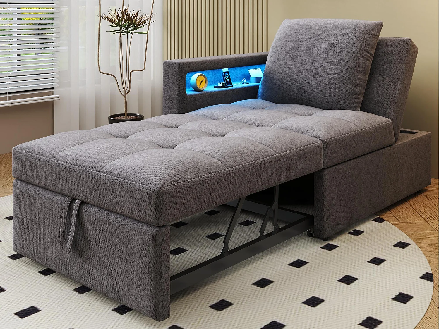 Divano letto multifunzione - schienale regolabile - braccioli con strisce luminose LED - Porta USB/Type-C - Grigio Scuro