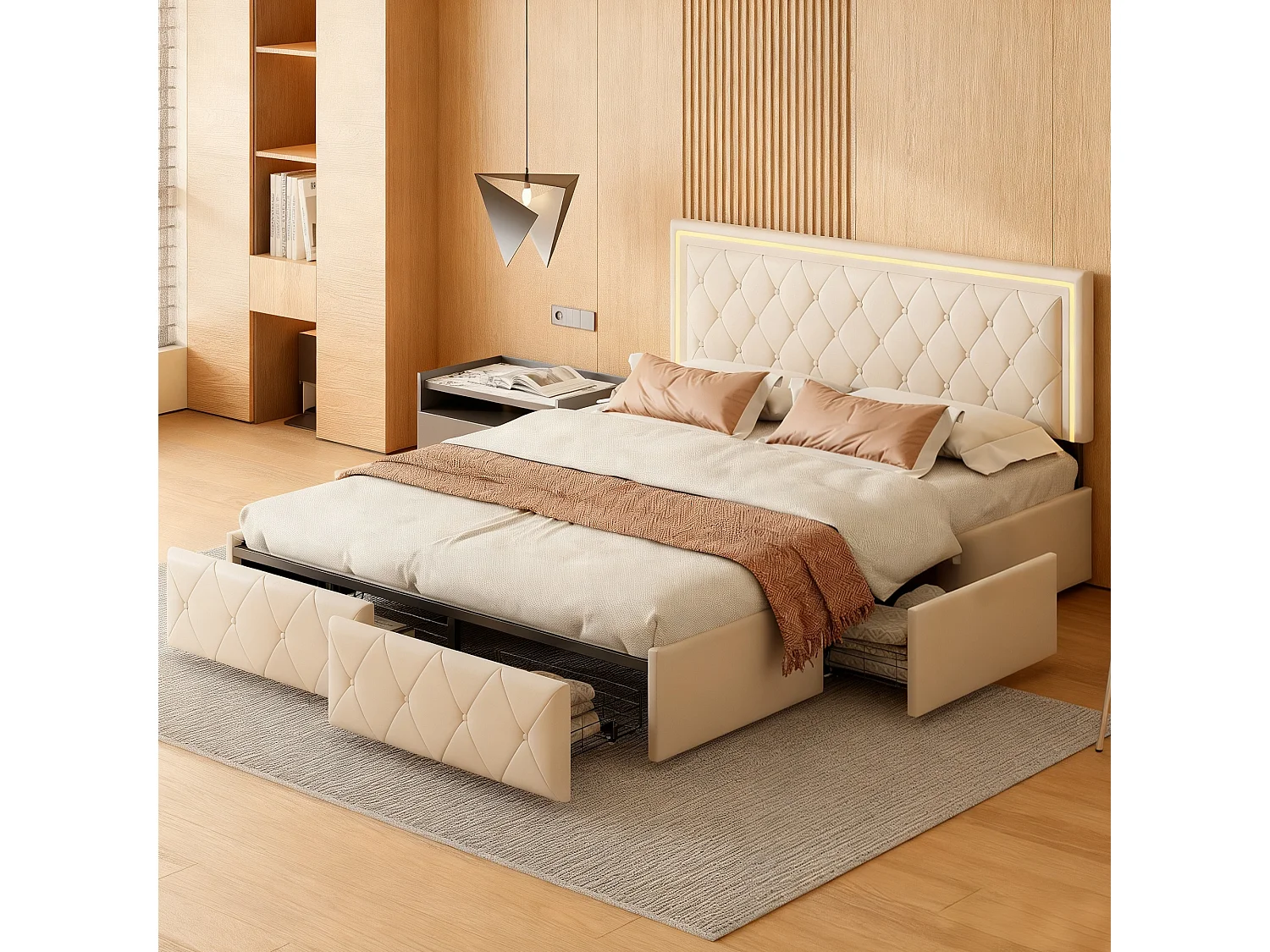 Lit matelassé 160x200 cm avec LED - lit adulte 160x200 cm avec 4 tiroir - cadre de lit double 160x200 cm avec sommier à lattes - tissu en PU - blanc cassé
