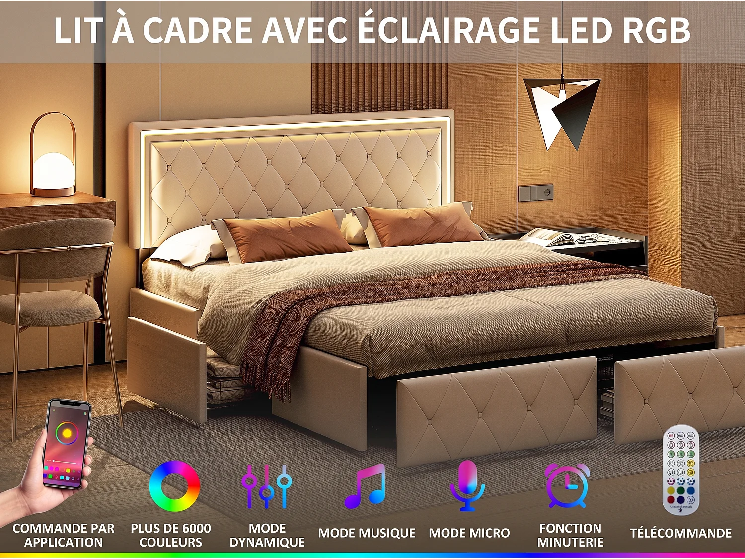 Bed 160x200 cm met led-verlichting - Bed 160x200 cm voor volwassenen met 4 lades - Bed 160x200 cm met lattenbodem - PU-stof - gebroken wit