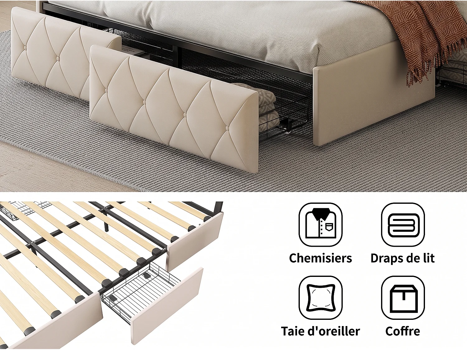 Bed 160x200 cm met led-verlichting - Bed 160x200 cm voor volwassenen met 4 lades - Bed 160x200 cm met lattenbodem - PU-stof - gebroken wit