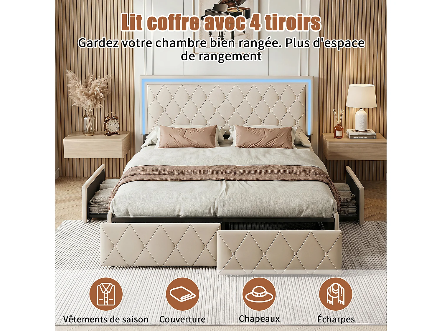 Bed 160x200 cm met led-verlichting - Bed 160x200 cm voor volwassenen met 4 lades - Bed 160x200 cm met lattenbodem - PU-stof - gebroken wit