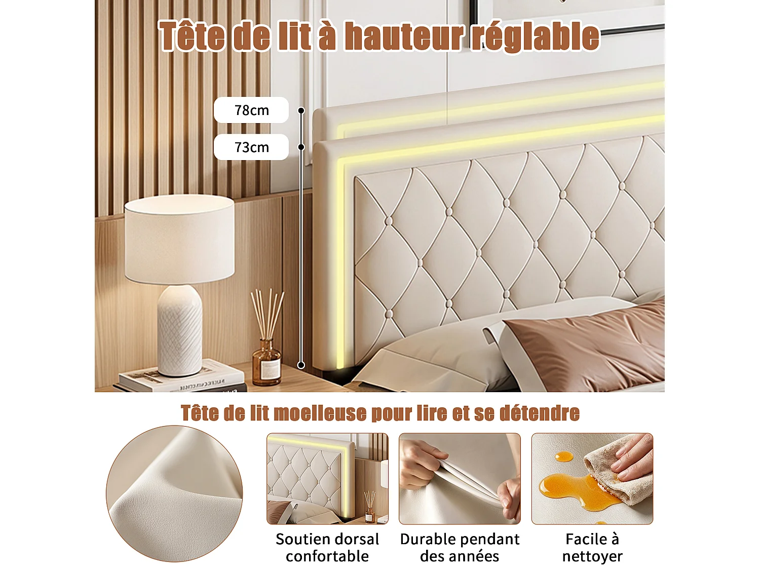 Bed 160x200 cm met led-verlichting - Bed 160x200 cm voor volwassenen met 4 lades - Bed 160x200 cm met lattenbodem - PU-stof - gebroken wit