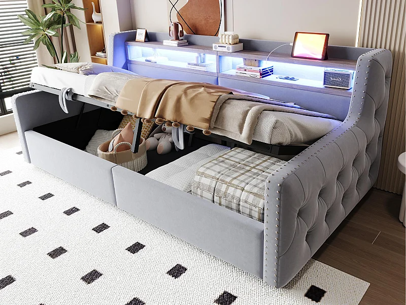 Gepolsterte Schlafcouch mit Stauraum 90x200 cm - mit LED-Beleuchtung - Staufächer - Steckdose + Ladanschluss - hellgrau