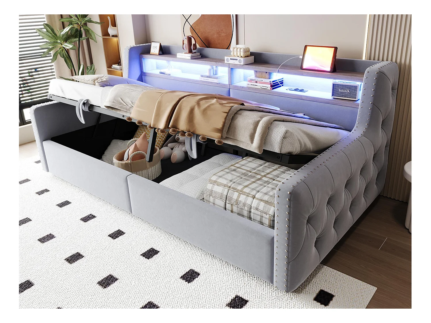 Tapicerowana sofa z łóżkiem 90x200 cm - z oświetleniem LED - schowki - gniazdko elektryczne + port ładowania - jasnoszary
